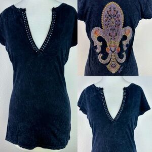 Vntg Boston Proper Robb Lucien Embellished V Neck Fleur‎ De Lis Washed Black Sm